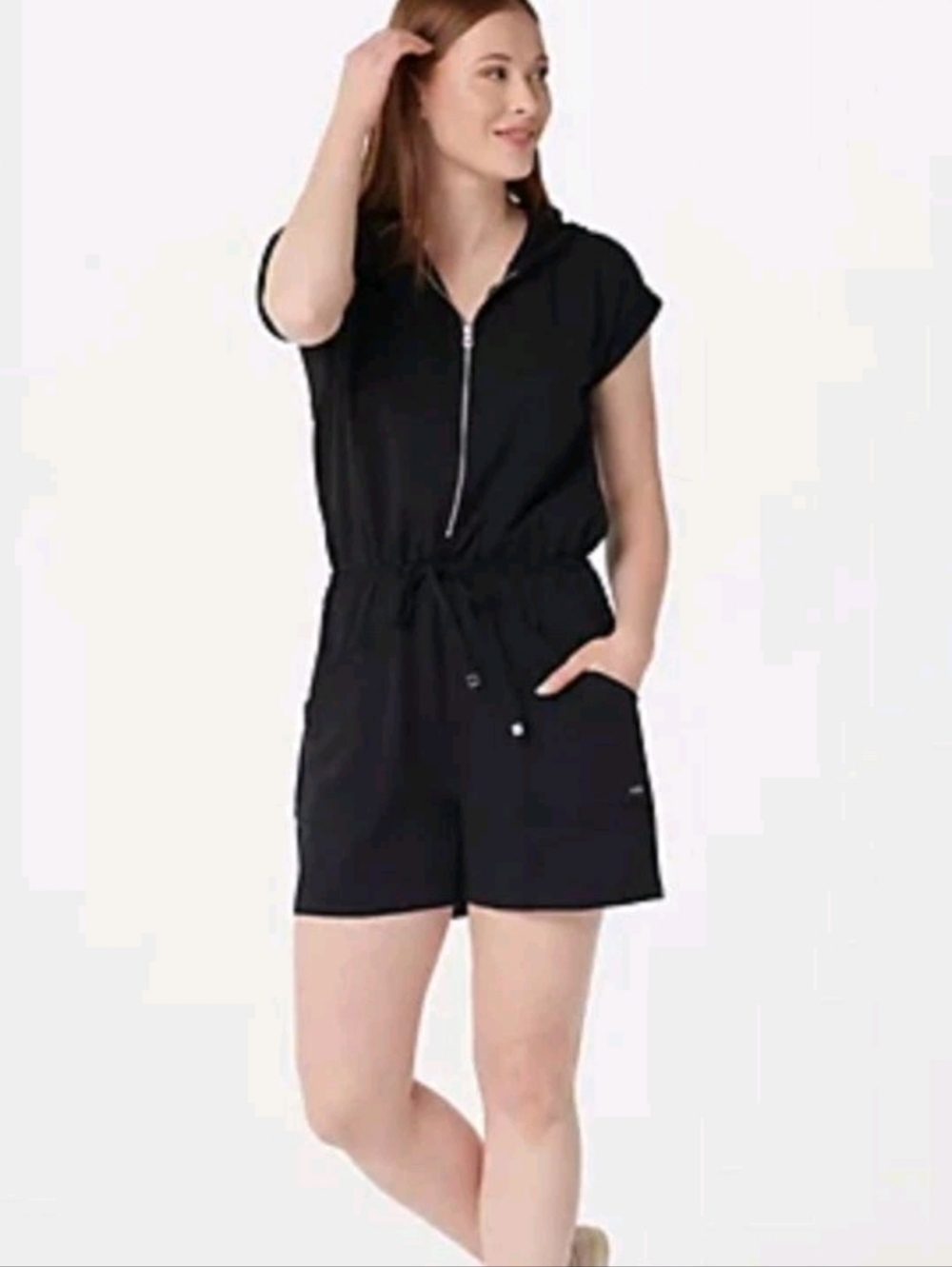 Zuda Hoodie Romper with Front Zip Black Short Sleeve Sz L Casual Vacation